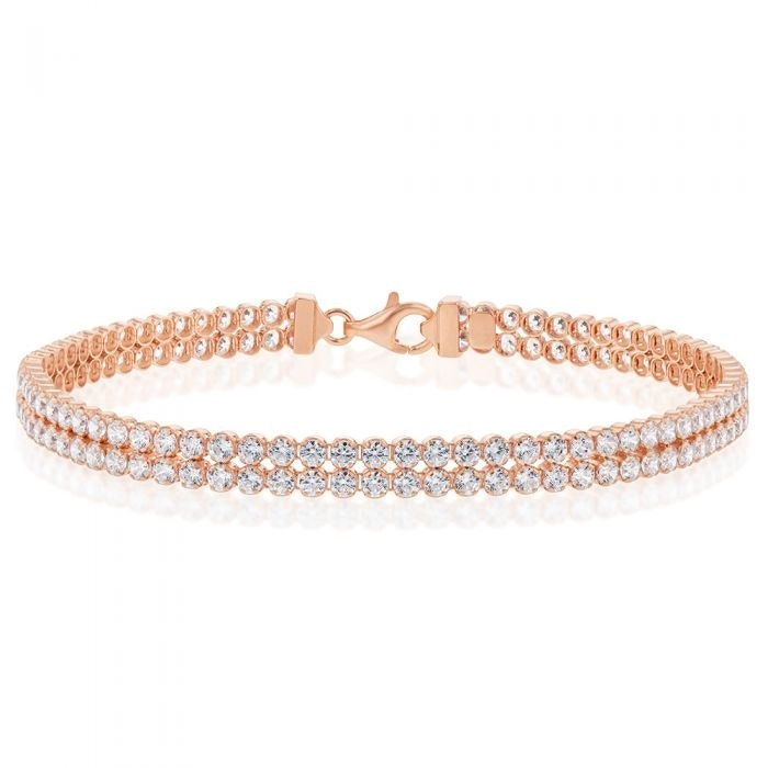 Sterling Silver Rose Gold Plated Two Row Cubic Zirconia Tennis 19cm Bracelet