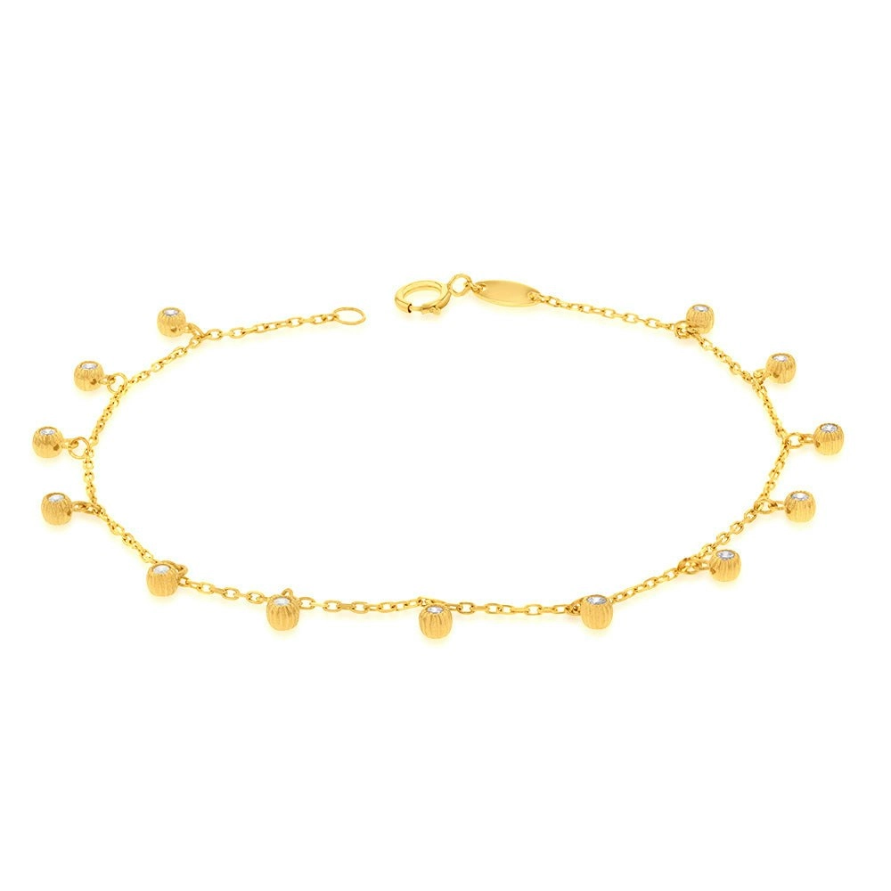 9ct Yellow Gold Hanging Cubic Zirconia Charm 17.8cm Bracelet