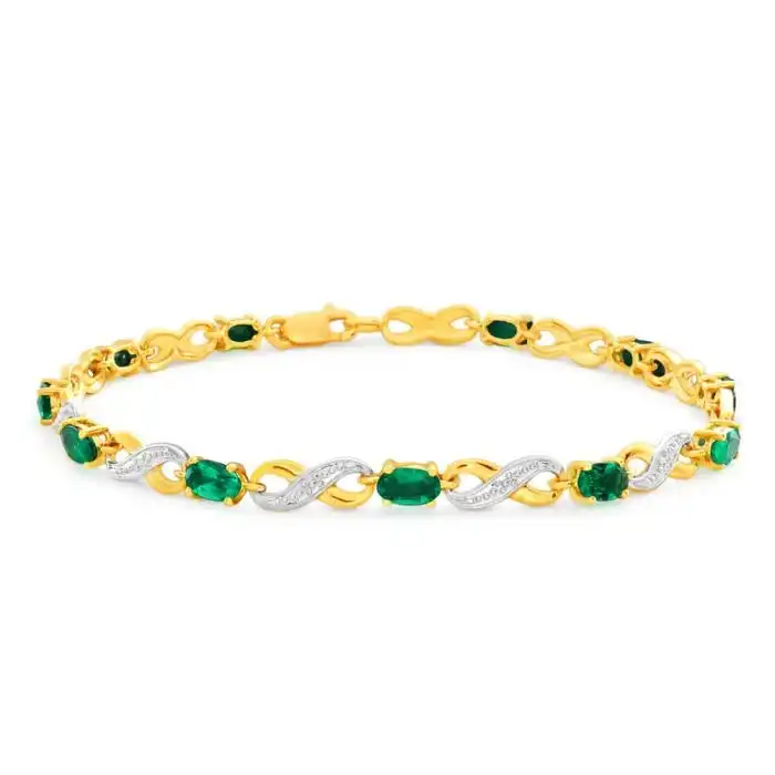 9ct Yellow Gold Created Emerald and Diamond 18cm Infinity Bracelet