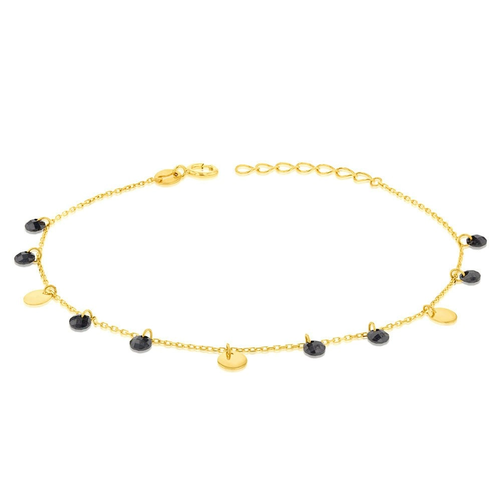 9ct Yellow Gold Black Zirconia and Gold Disc Charm 17.8cm Bracelet