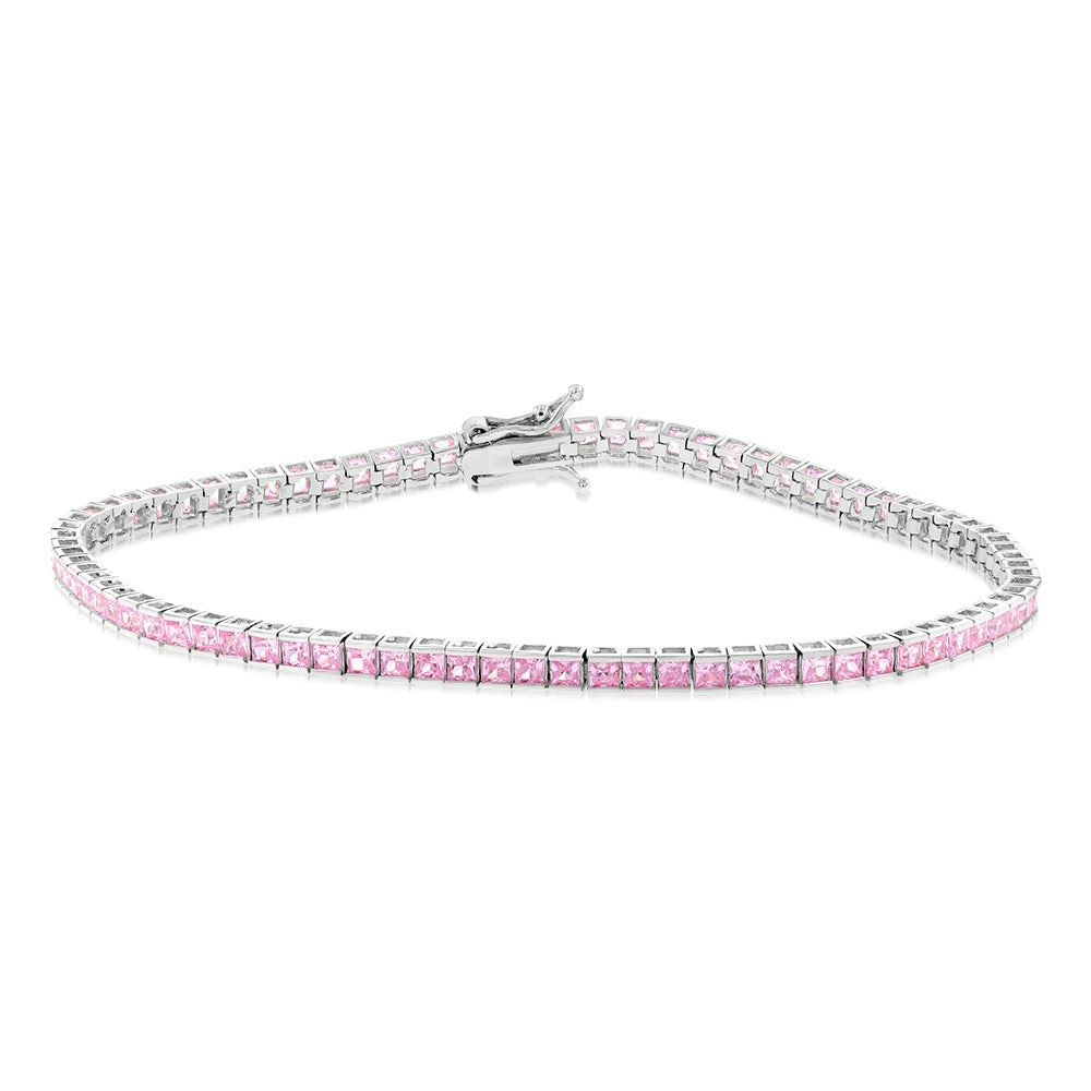 9ct White Gold 2mm Square Pink Cubic Zirconia 19cm Tennis Bracelet