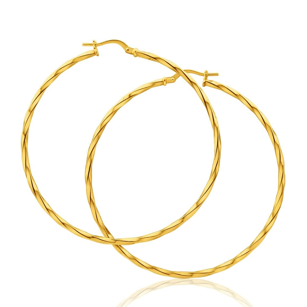 9ct Yellow Gold Silver Filled Twist 50mm Hoop Earrings