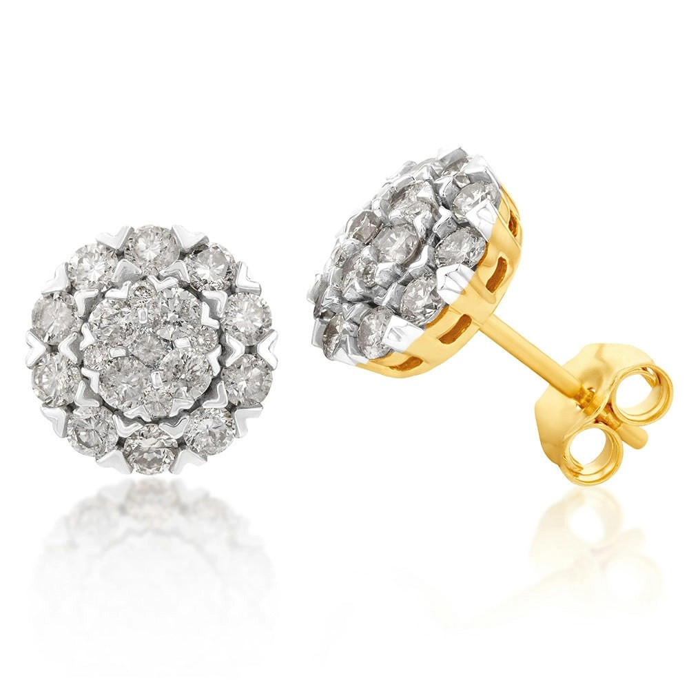 9ct Yellow Gold 1 Carat Diamond Stud Earrings  with 38 Diamonds