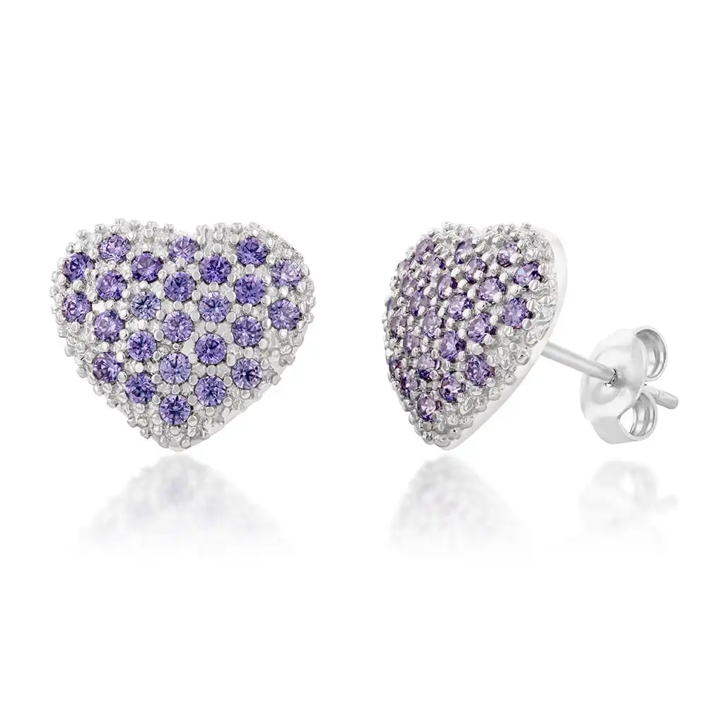 9ct White Gold Purple Cubic Zirconia Pave Heart Stud Earrings