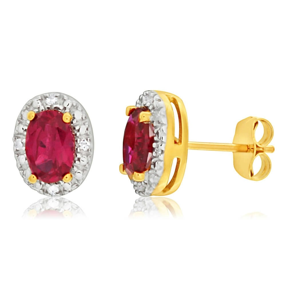 9ct Yellow Gold Created Ruby + Diamond Stud Earrings