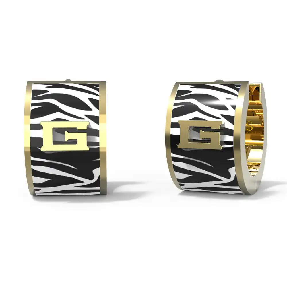 Guess Yellow Gold Plated Foulard 15mm Zebra Print Hoop Earrings