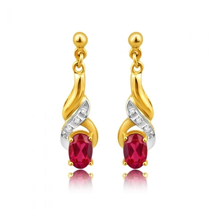 9ct Alluring Yellow Gold Created Ruby + Diamond Drop Earrings