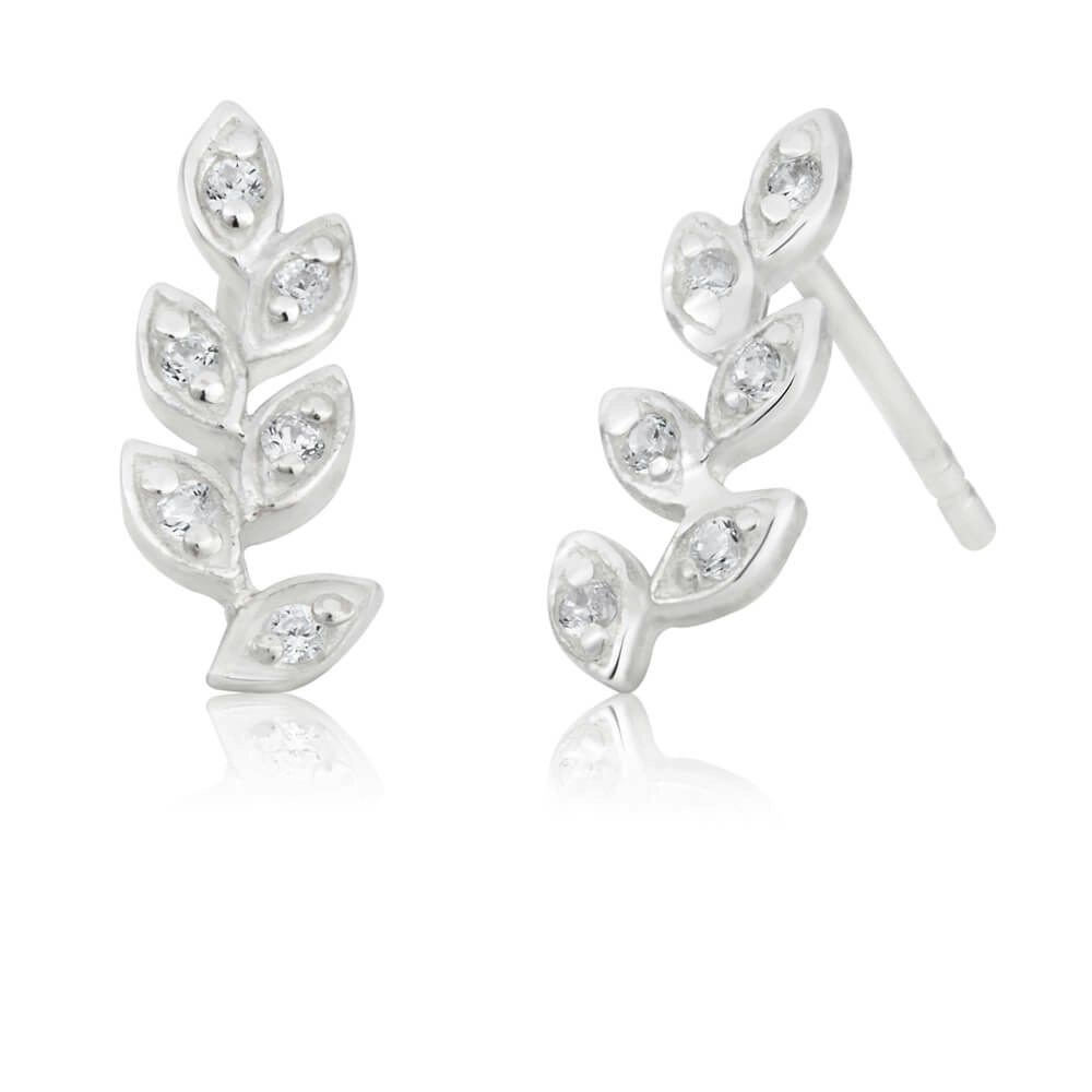 Sterling Silver Cubic Zirconia Leaf Branch Stud Earrings