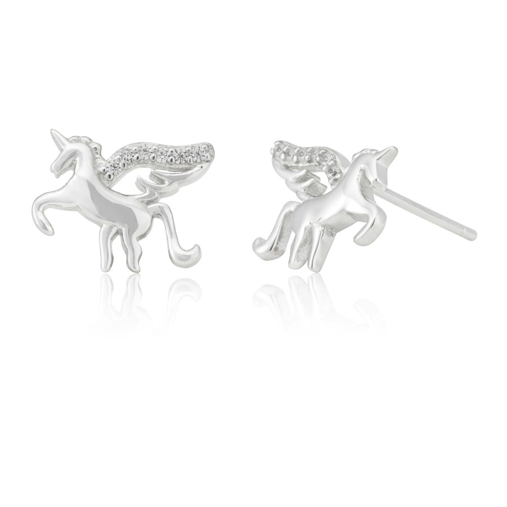 Sterling Silver Zirconia Unicorn Stud Earrings