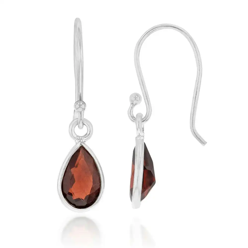 Sterling Silver Garnet Pear Hook Drop Earrings