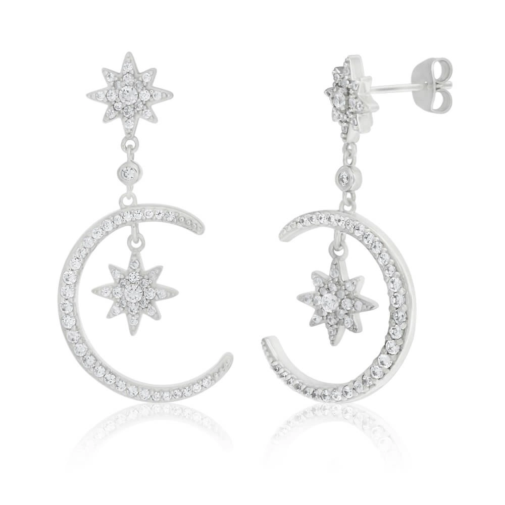 Sterling Silver Cubic Zirconia Moon & Star Drop Earrings