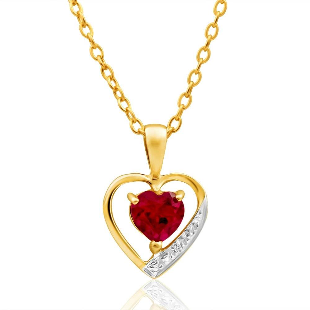 9ct Alluring Yellow Gold Created Ruby + Diamond Pendant