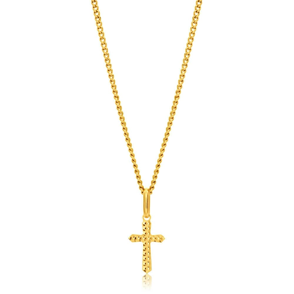 9ct Yellow Gold Plain & Diamond Cut 11mm Cross Pendant