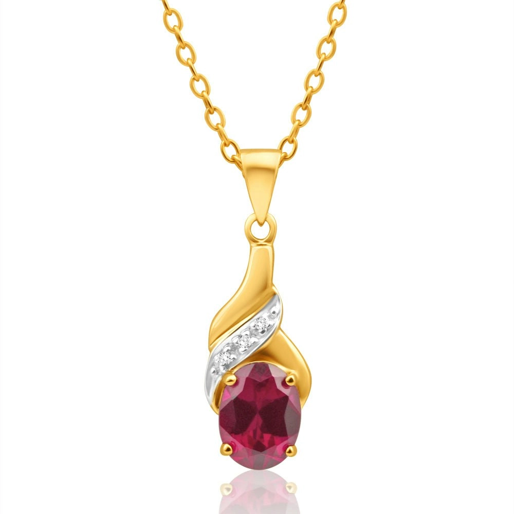 9ct Delightful Yellow Gold Created Ruby 8x6mm + Diamond Pendant