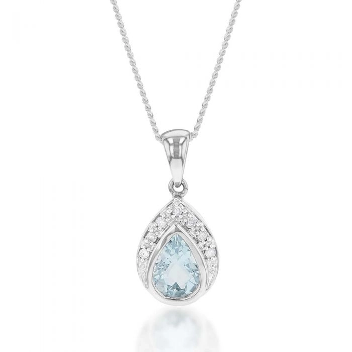 9ct White Gold Aquamarine + 7 Diamond Pendant