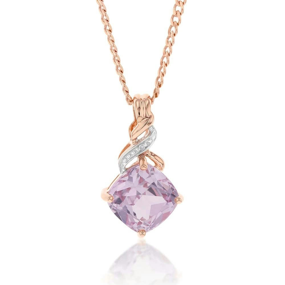 9ct Rose Gold Created Peach Sapphire and Diamond Cushion Cut Pendant