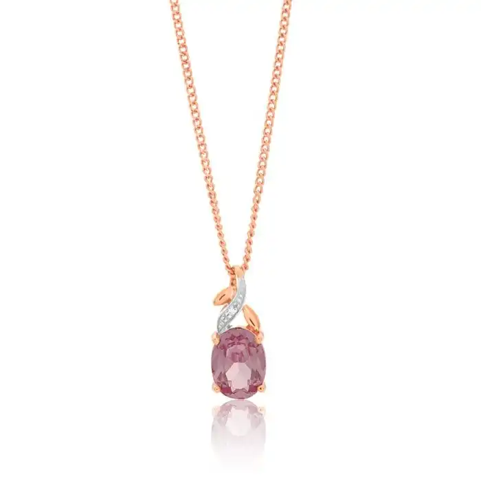 9ct Rose Gold Created Peach Sapphire & Diamond Pendant