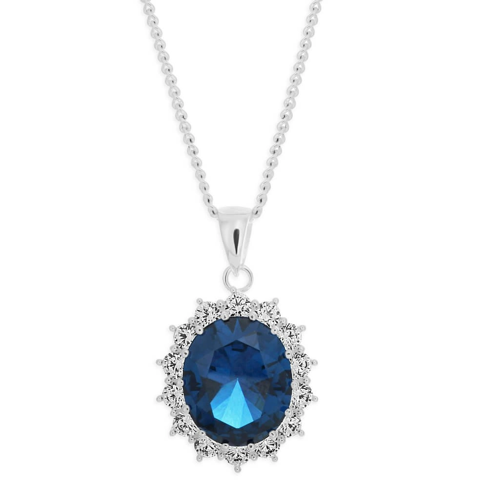 Sterling Silver Blue and White Zirconia Oval Pendant