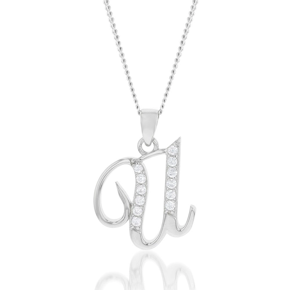 Sterling Silver Rhodium Plated Cubic Zirconia Script "U " Initial Pendant