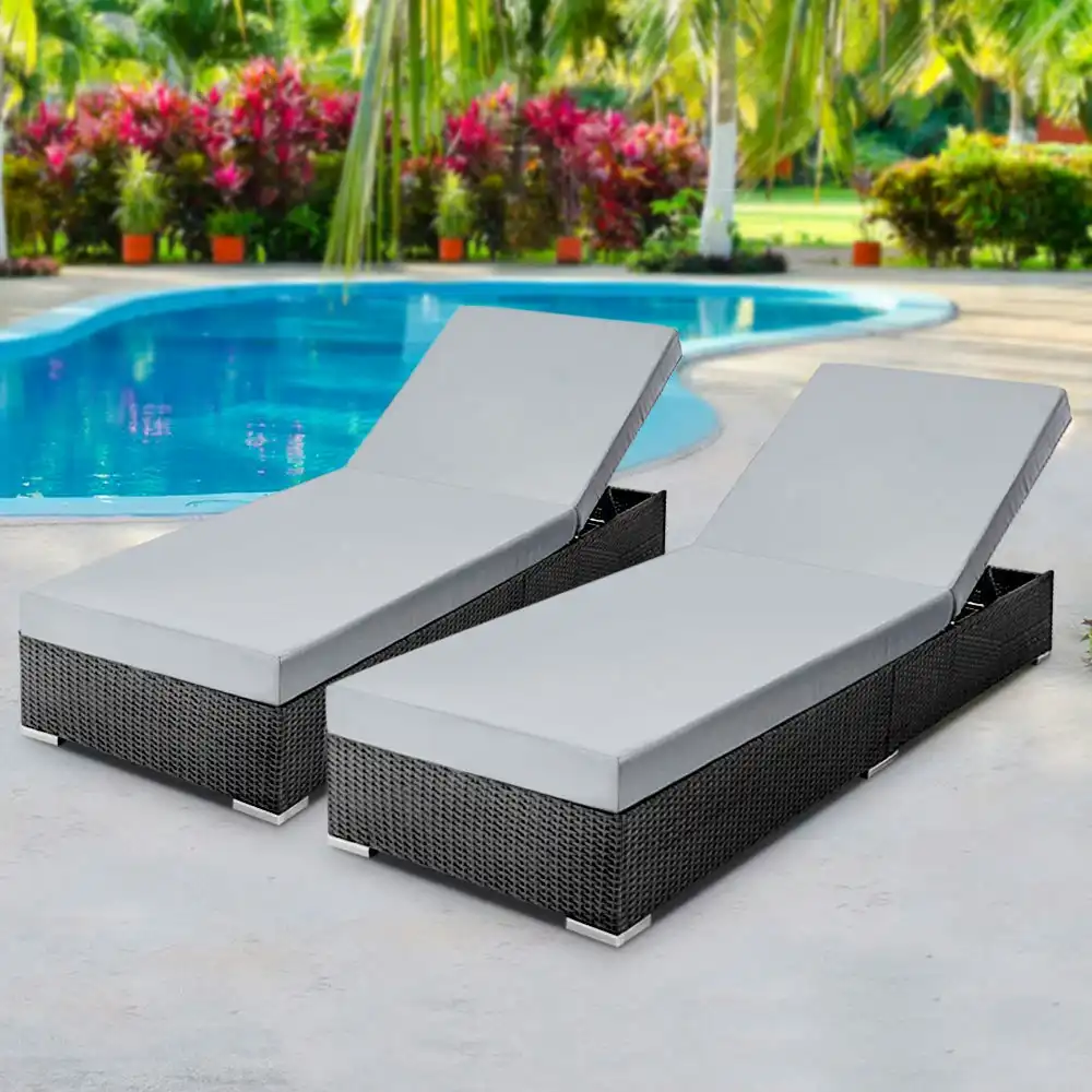 Gardeon 2PC Sun Lounge Wicker Lounger Outdoor Furniture Day Bed Adjustable Rattan Garden