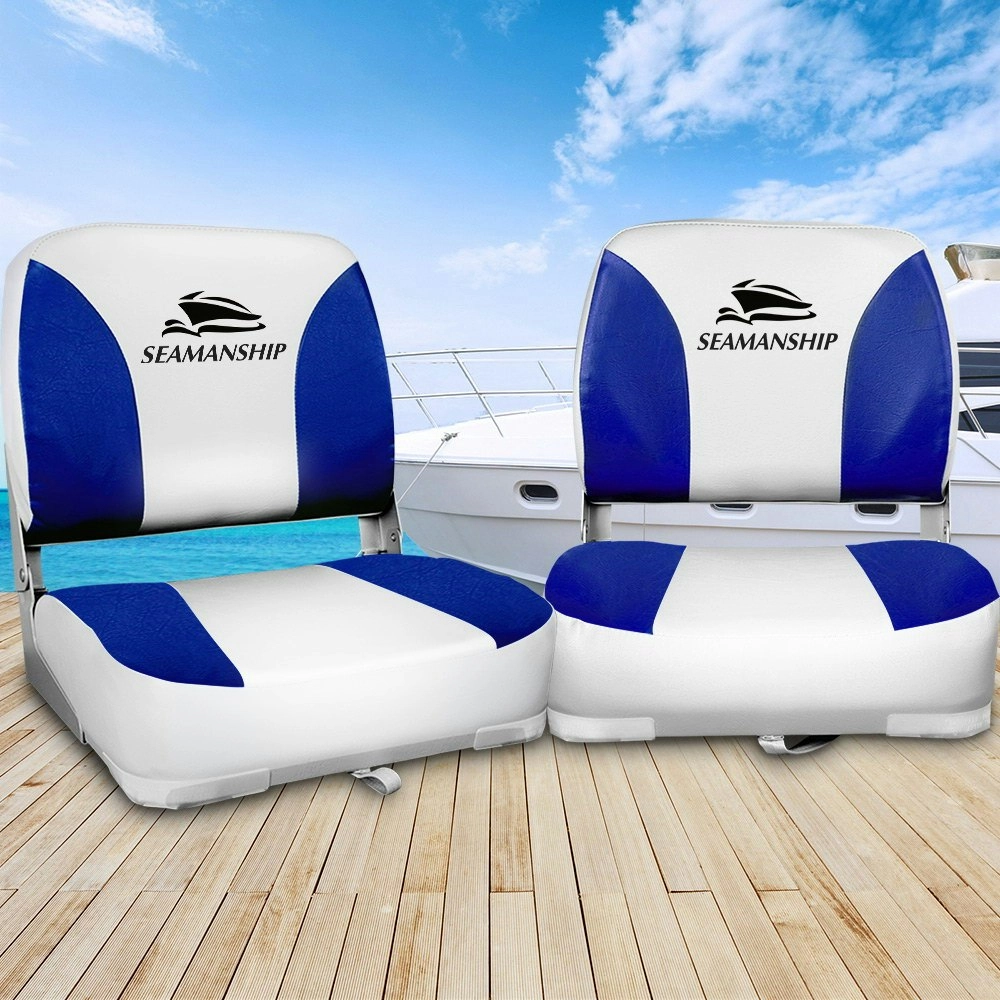 Seamanship 2X Folding Boat Seats Marine Swivel Low Back 13cm Padding White Blue