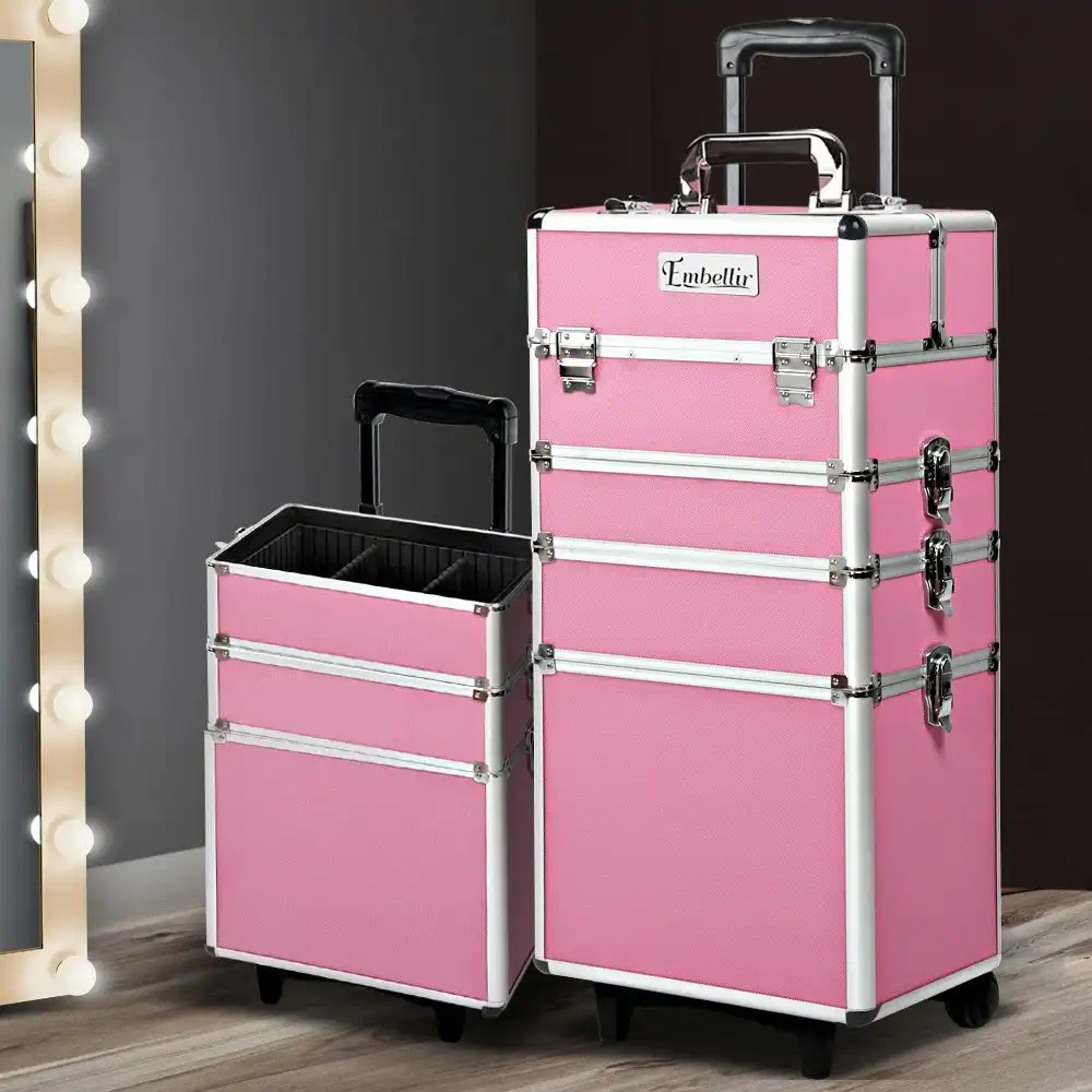 Embellir Makeup Case Beauty Trolley Cosmetic Organiser Box Travel Wheels Pink