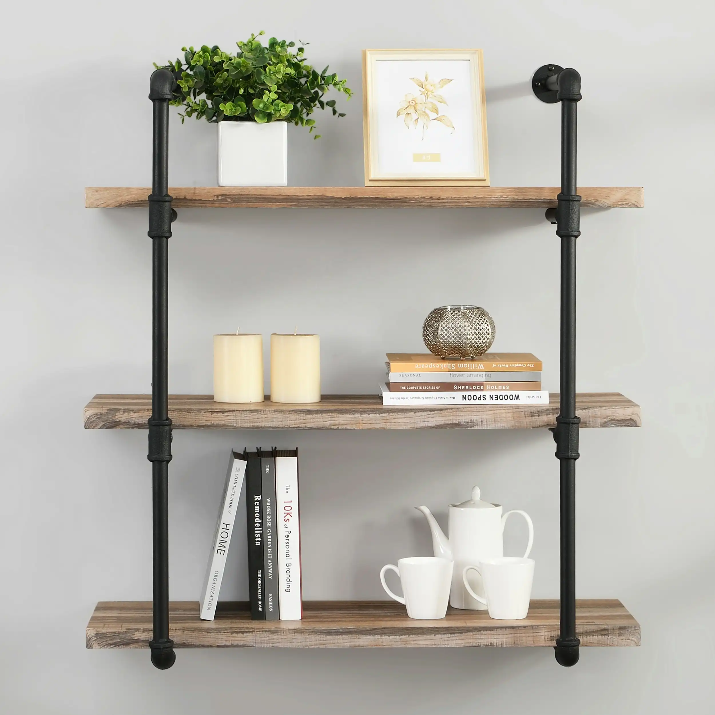 IHOMDEC 3 Tier Industrial Pipe Wall Shelf Retro Brown