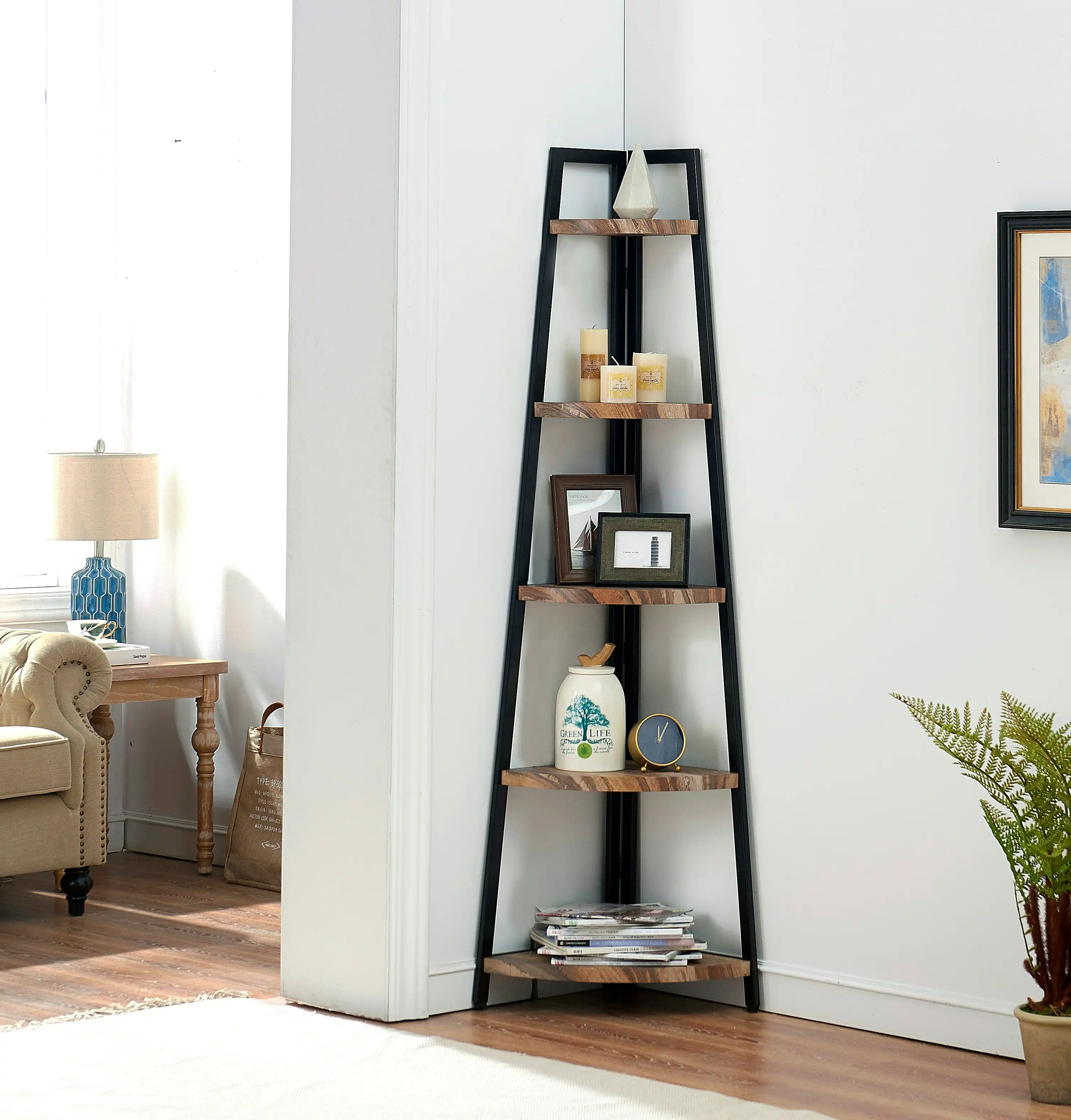 IHOMDEC 5 Tier Industrial A-Shaped Corner Bookshelf Retro Brown