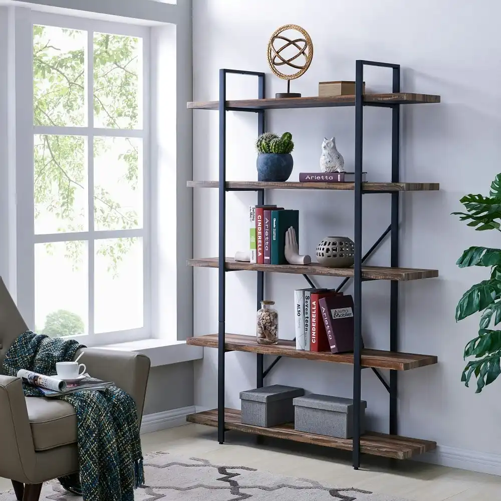 IHOMDEC 5 Tier Industrial Wood and Metal Bookshelves Retro Brown