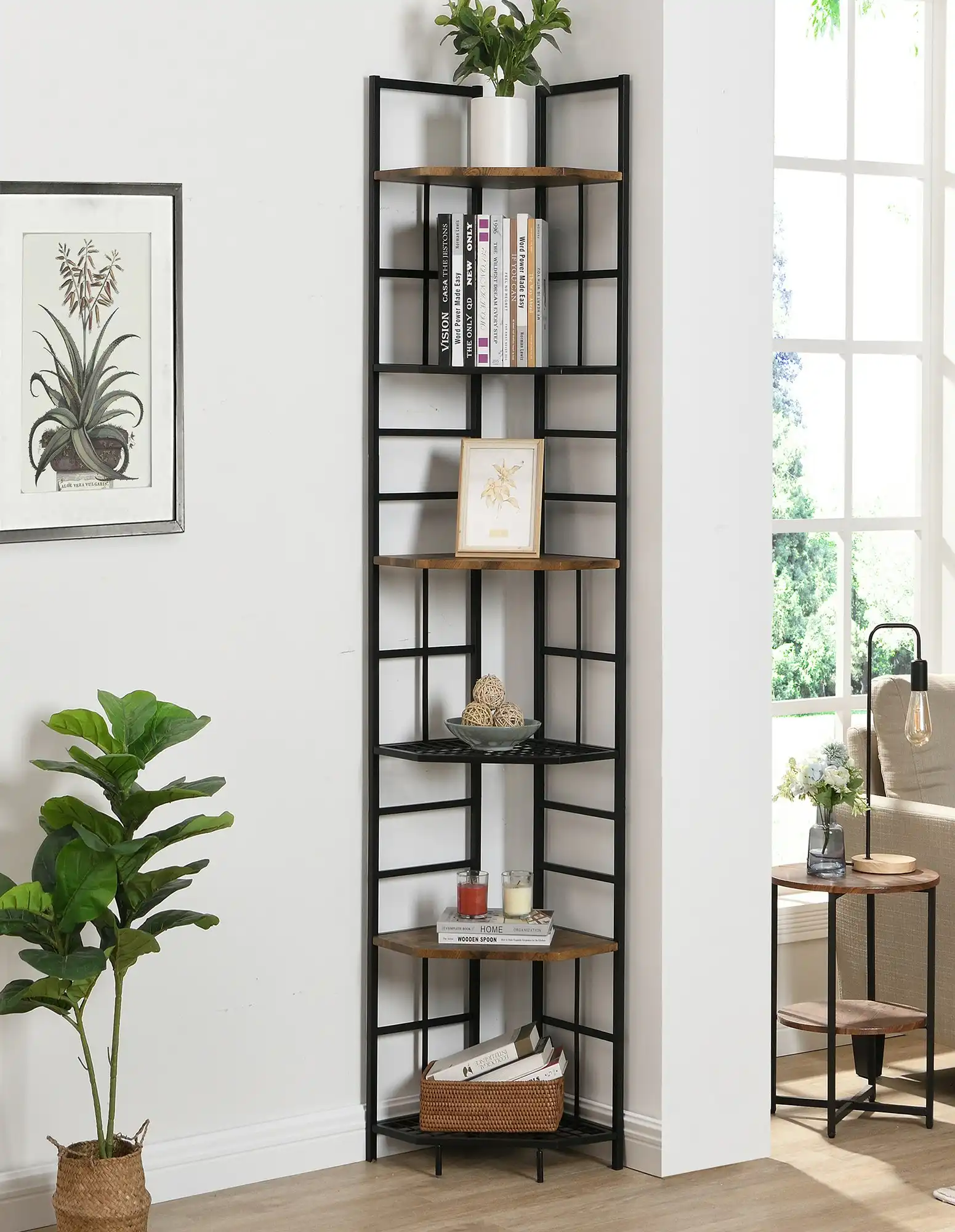 IHOMDEC Industrial 6-Tier Pentagon Corner Bookshelf, 194.5cmH Rustic Dark Brown