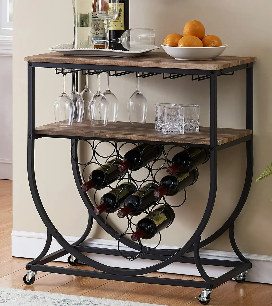 IHOMDEC Industrial Wine Rack Cart with Glass Holder Vintage Brown