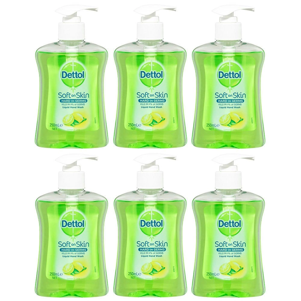 6x Dettol 250ml Liquid Home Hand Care Wash Antibacterial Soap Lemon/Lime Pump