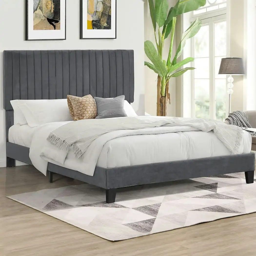 Levede Bed Frame Queen Size Mattress Base Platform Wooden Velvet Headboard Grey