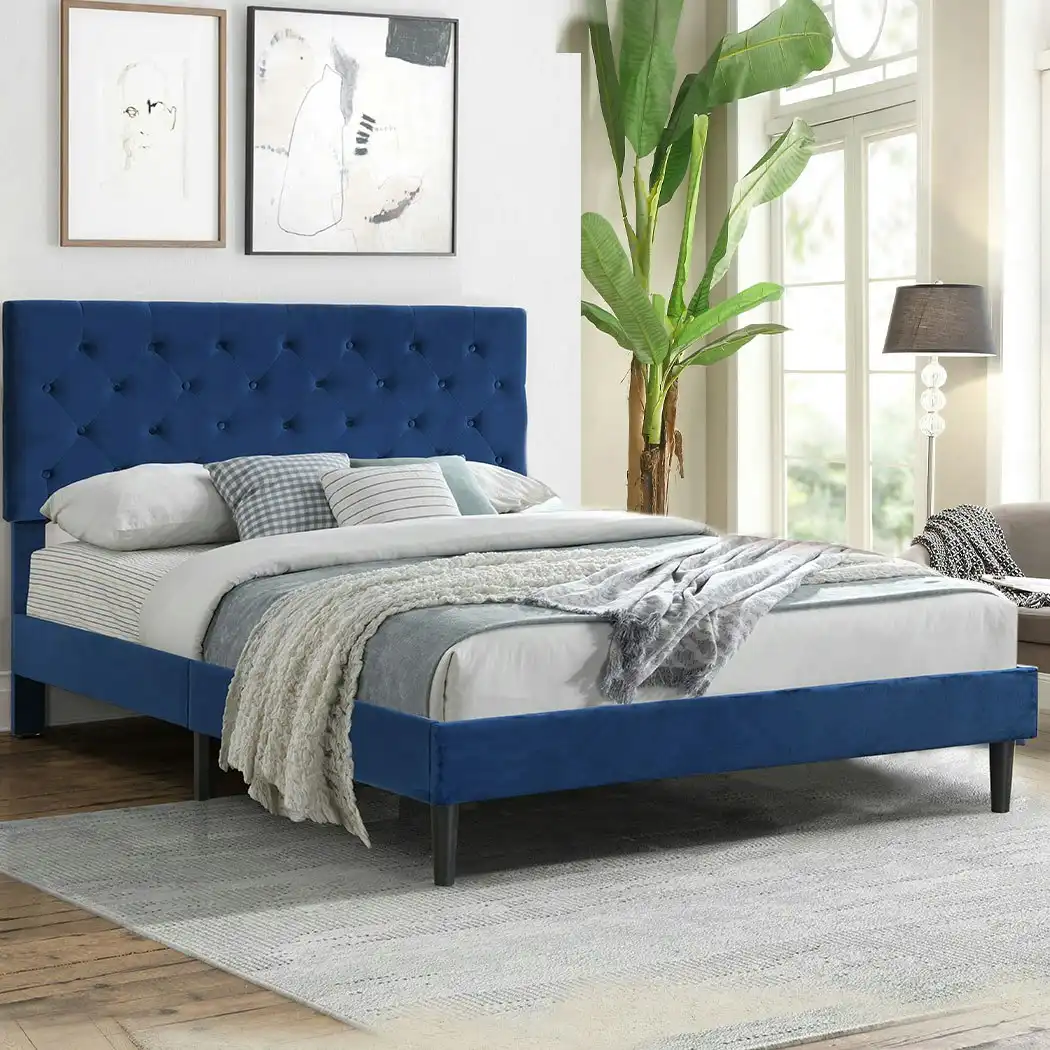 Levede Bed Frame Queen Size Mattress Base Platform Wooden Velvet Headboard Blue (BF1045-Q-BL)