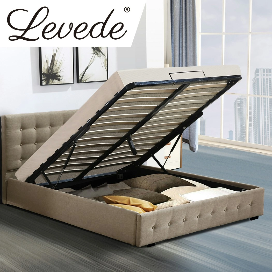 Levede Fabric Bed Frame Queen Tufted Mattress Platform Gas Lift Storage Beige