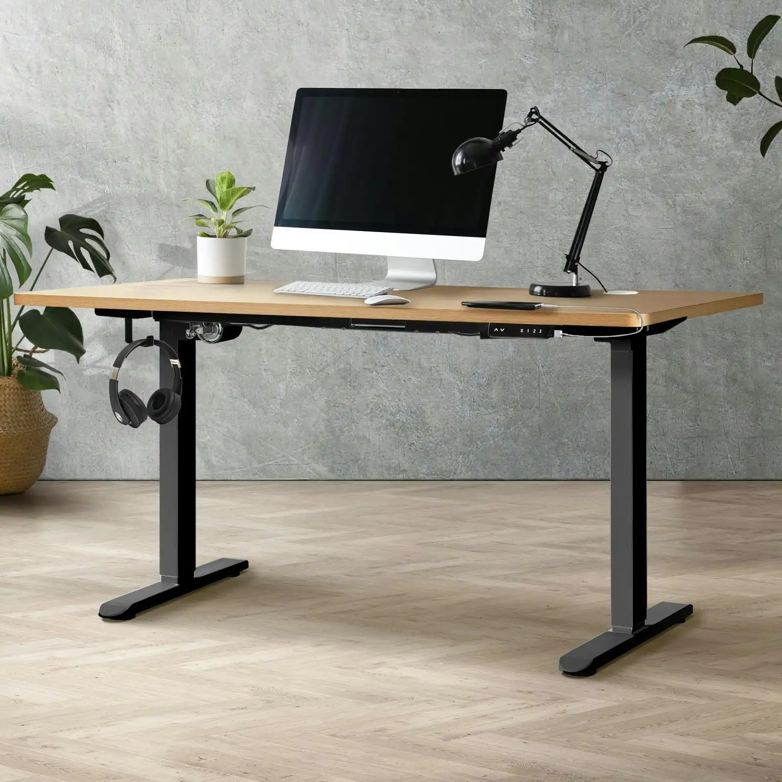 Oikiture 140CM Electric Standing Desk Single Motor Black Frame OAK Desktop With USB&Type C Port