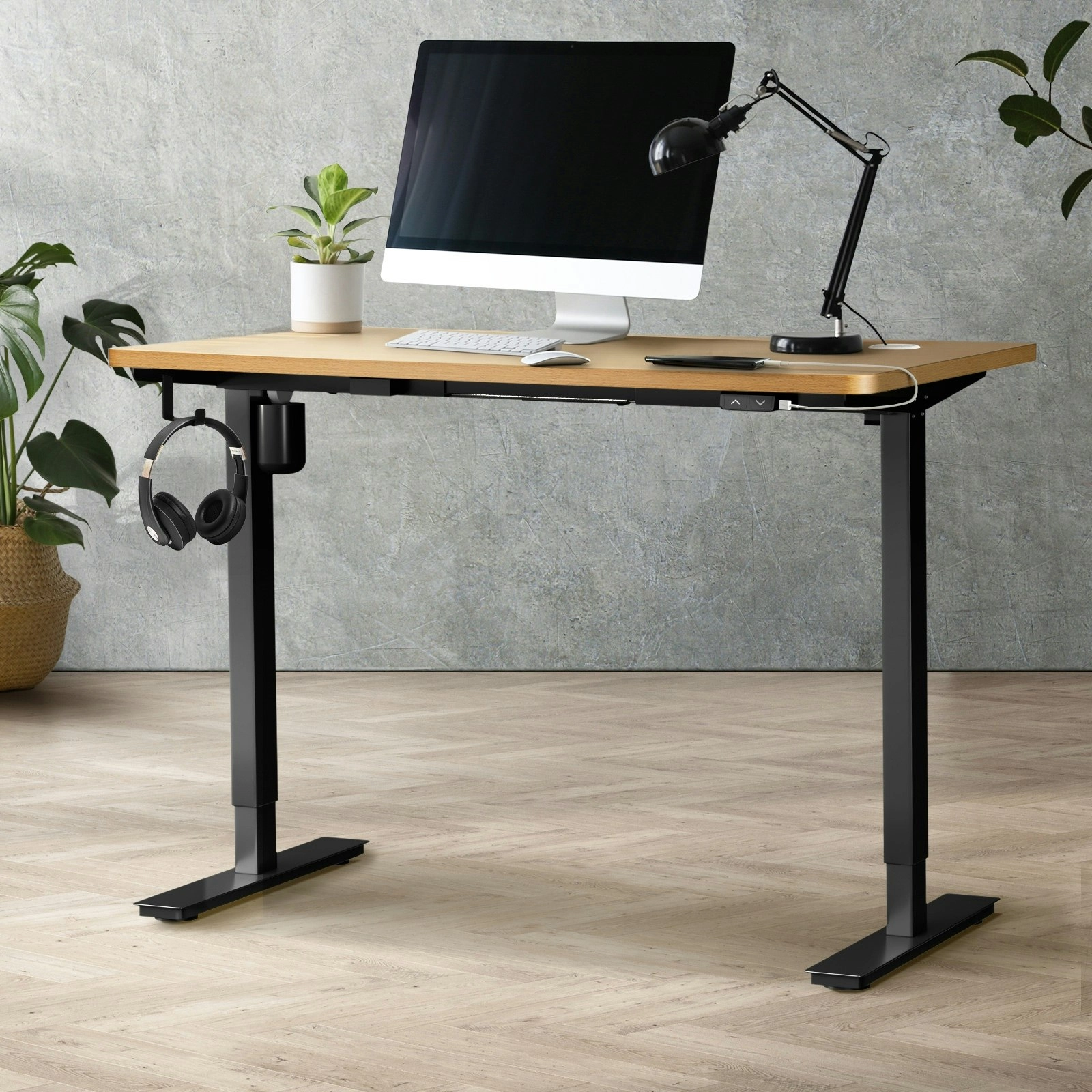 Oikiture 120cm Electric Standing Desk Single Motor Black Frame OAK Desktop