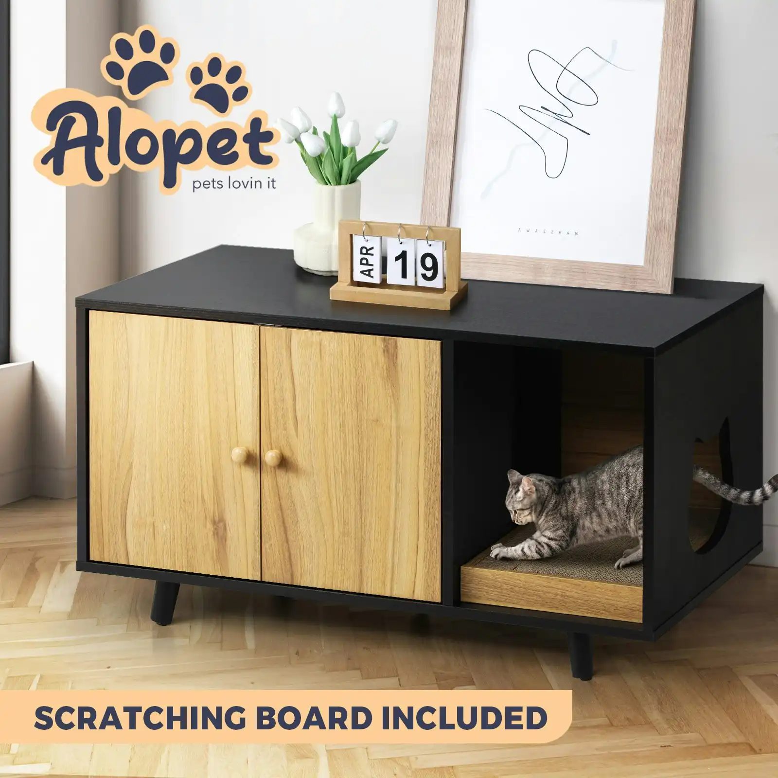 Alopet Cat Litter Box Enclosure Wooden Side Table Storage Cabinet W/ Scratcher