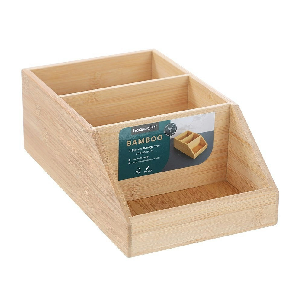 Boxsweden 3-Section Bamboo Storage Tray 25.5x15cm Organiser/Compartment Brown