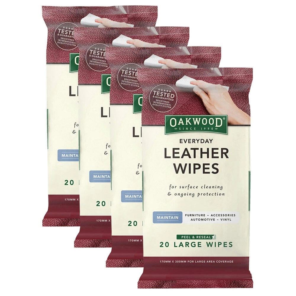 4x 20pc Oakwood Everyday Leather Wipes 170mmx300mm Surface Clean Fresh Protected