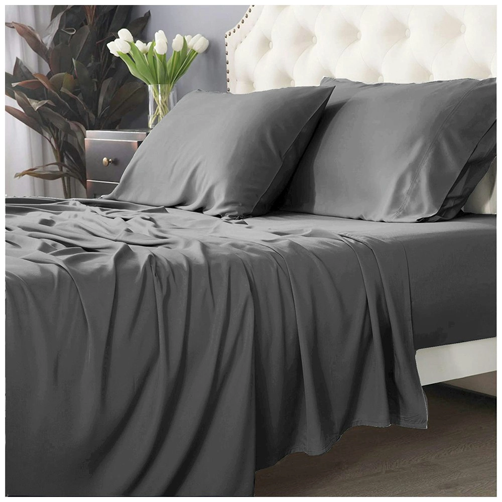 Park Avenue Split King Fitted Sheet Set/Pillowcases 500TC Bamboo Cotton Charcoal