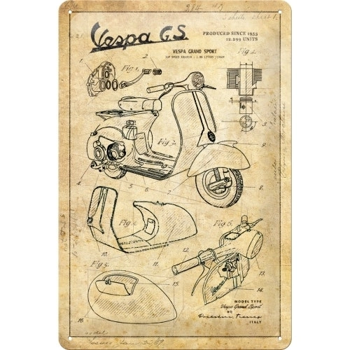 Nostalgic Art 20x30cm Medium Metal Wall Hanging Sign Vespa Parts Sketches Decor