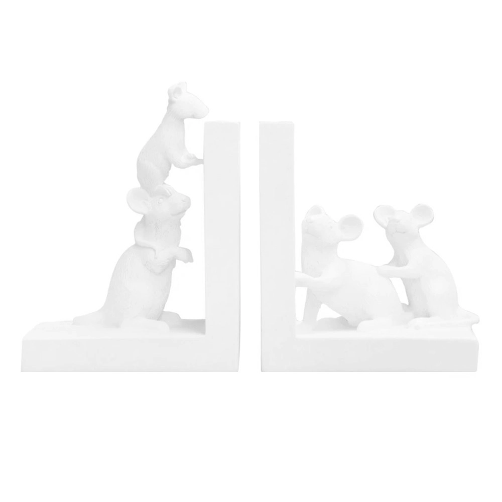 2pc White Moose 26x15cm Resin Mouse Bookend Set Home/Office Book Holder White