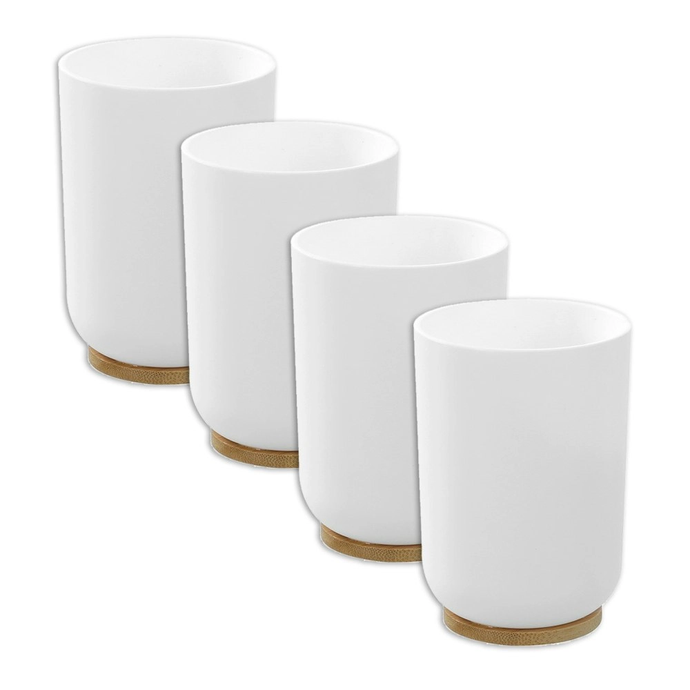 4x Boxsweden Bano Bathroom 330ml Cup BPA Free Bamboo Base Holder 7.5x10cm WHT