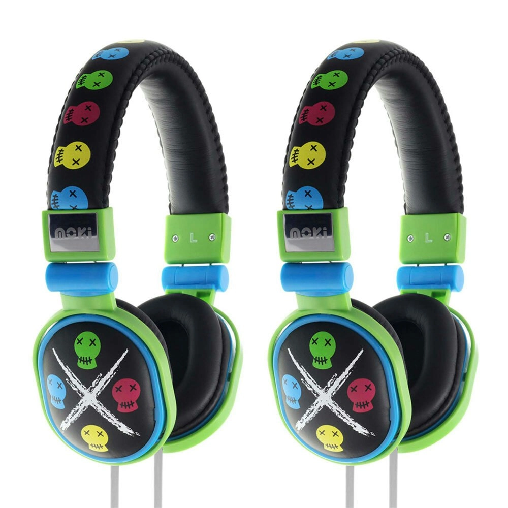 2x Moki Popper Children/Kids Headphones Over Ear Cup Stereo Headband Skull Black