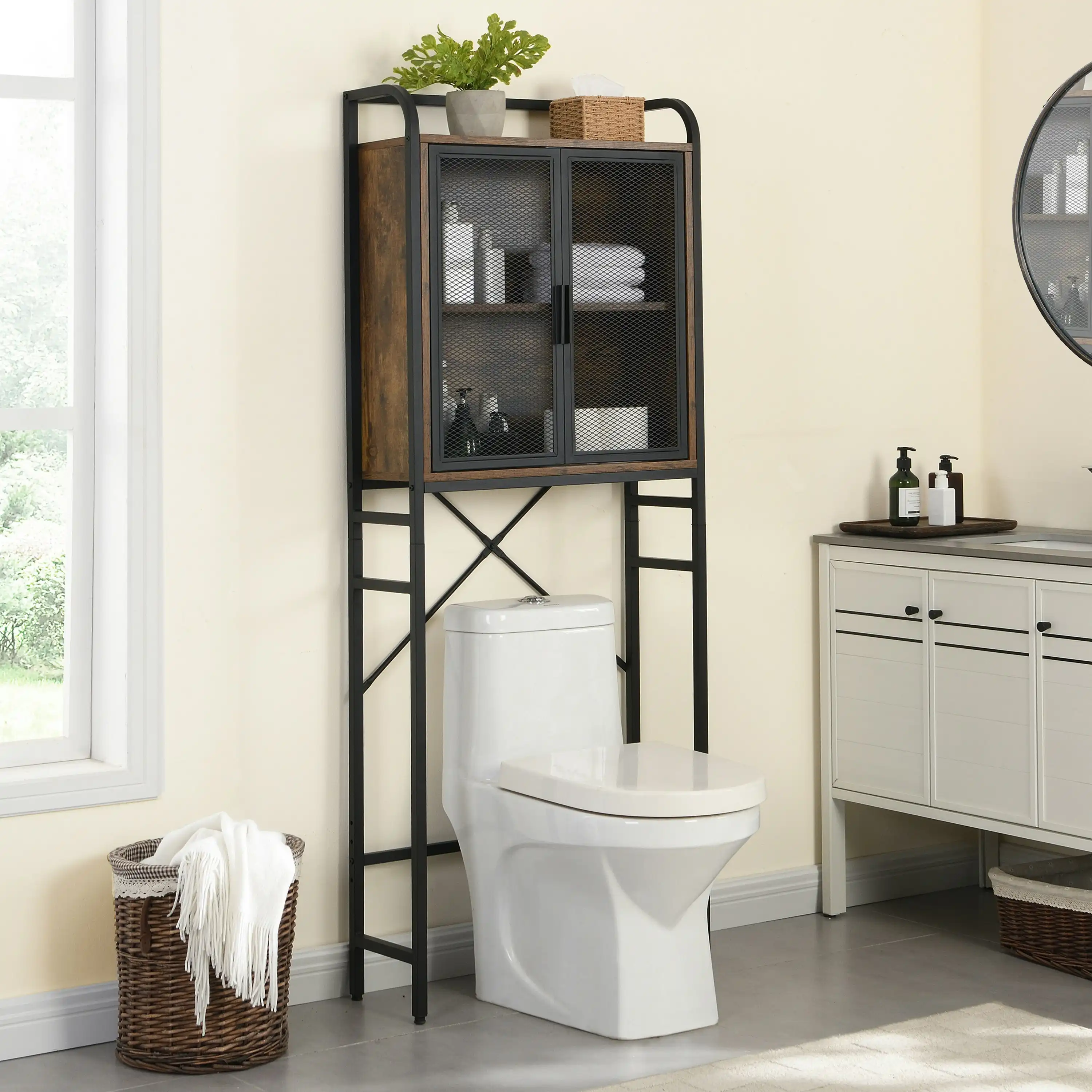 IHOMDEC Freestanding Metal and Wood Industrial Bathroom Storage Cabinet