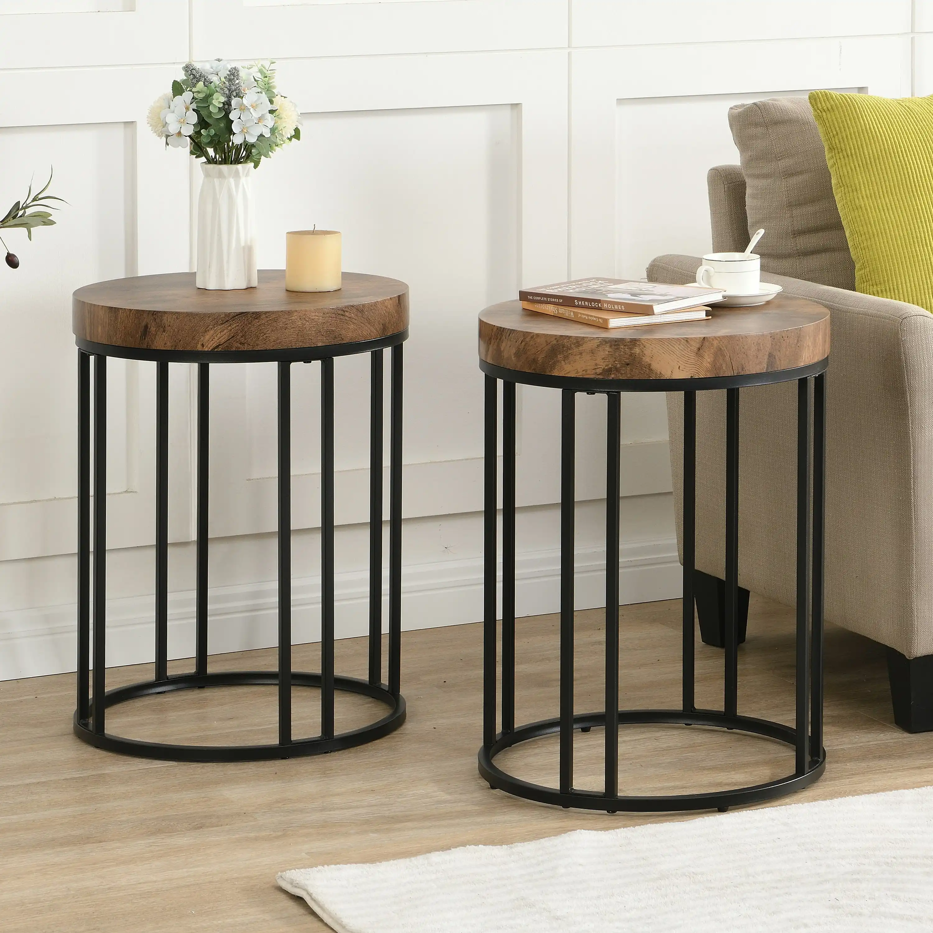 IHOMDEC Round Side Table Set of 2 Rustic Dark Brown