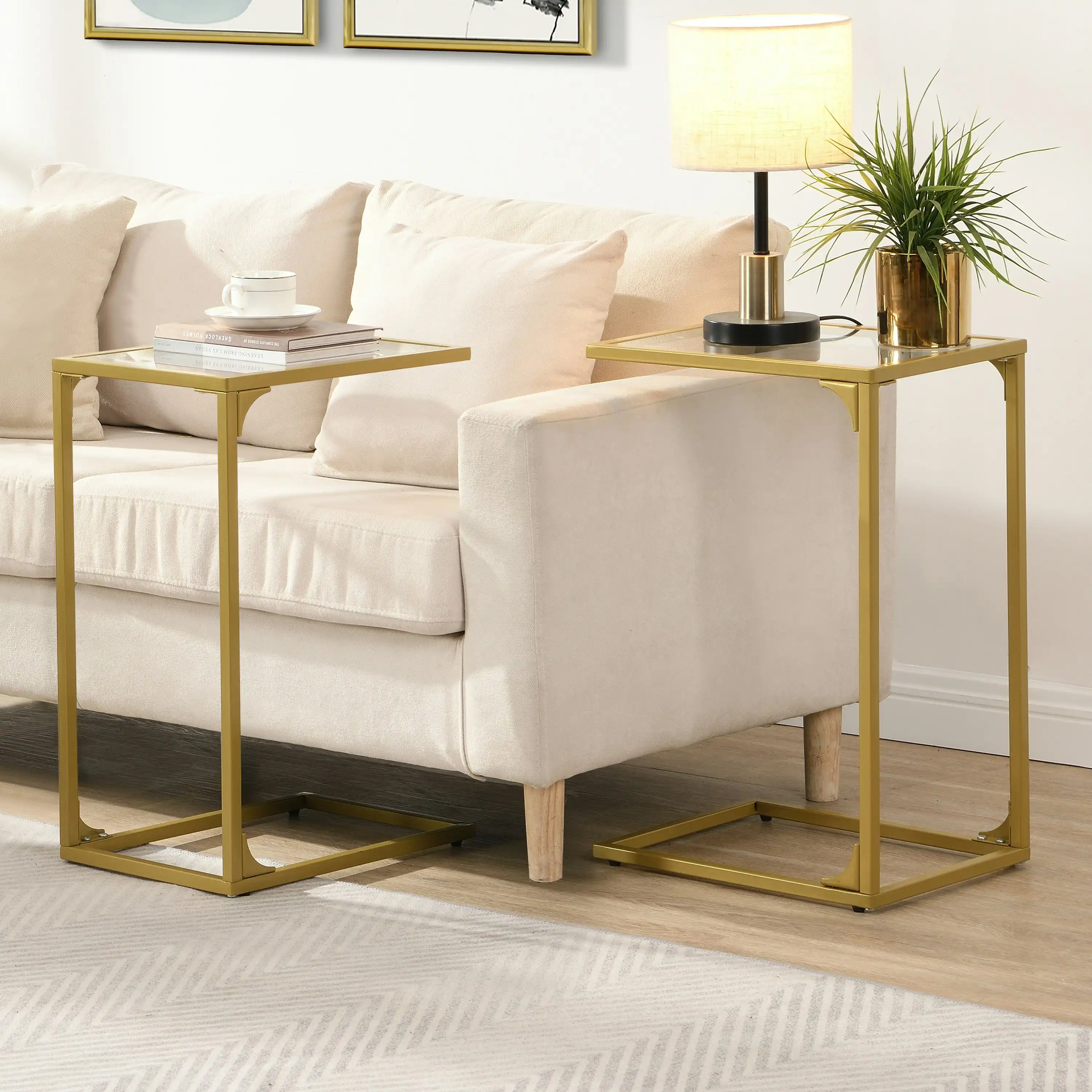 IHOMDEC Tempered Glass with Metal Frame C-Shaped End Side Table Set of 2 Golden