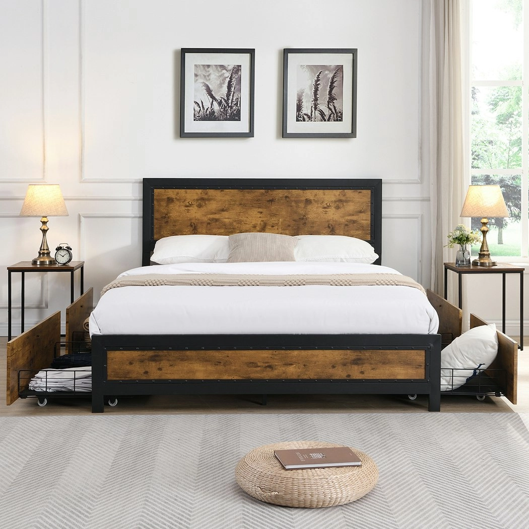 Levede Metal Bed Frame Queen Mattress Base Platform Wooden 4 Storage Drawers