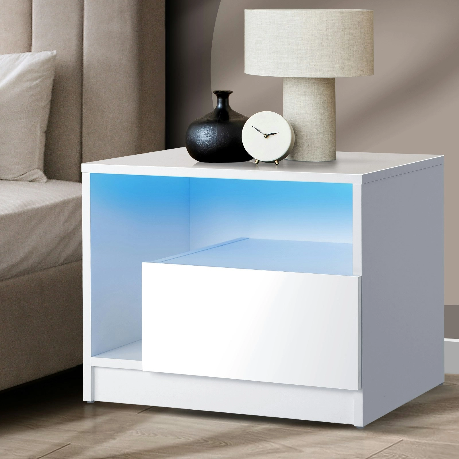 Oikiture Bedside Tables Side Table RGB LED Drawers High Gloss Furniture White